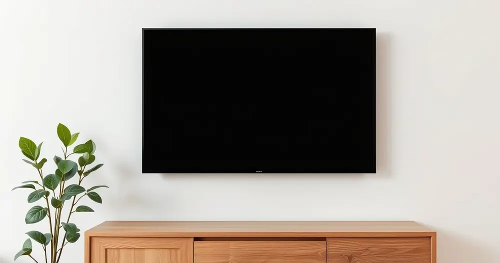 Televisor de tela plana apagada instalado na parede acima de aparador de madeira com planta ao lado