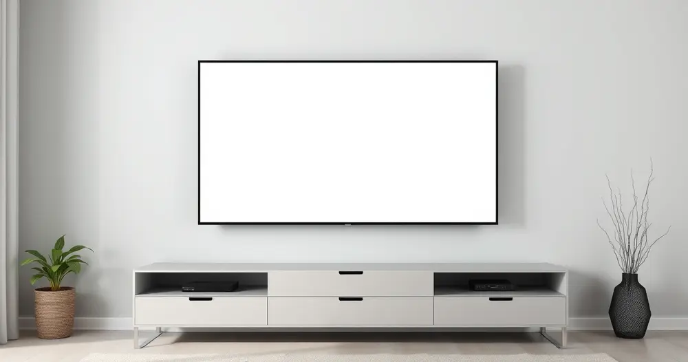 Televisor largo de tela apagada fixado em parede cinza clara acima de móvel de mídia minimalista