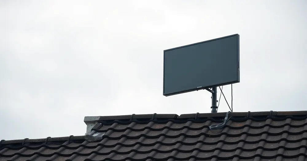 Antena de televisão instalada em telhado residencial contra céu claro, vista de baixo