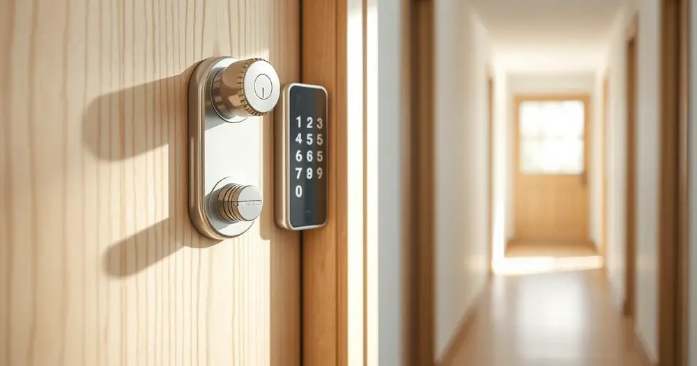 Detalhe de fechadura com teclado numérico instalada em porta de madeira clara de apartamento