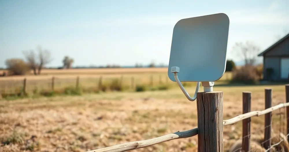Antena retangular compacta de internet via satélite fixada em mourão de cerca em quintal rural