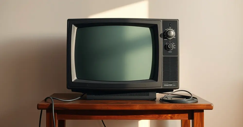 Televisor antigo sobre mesa pequena de madeira com cabo enrolado ao lado, tela apagada