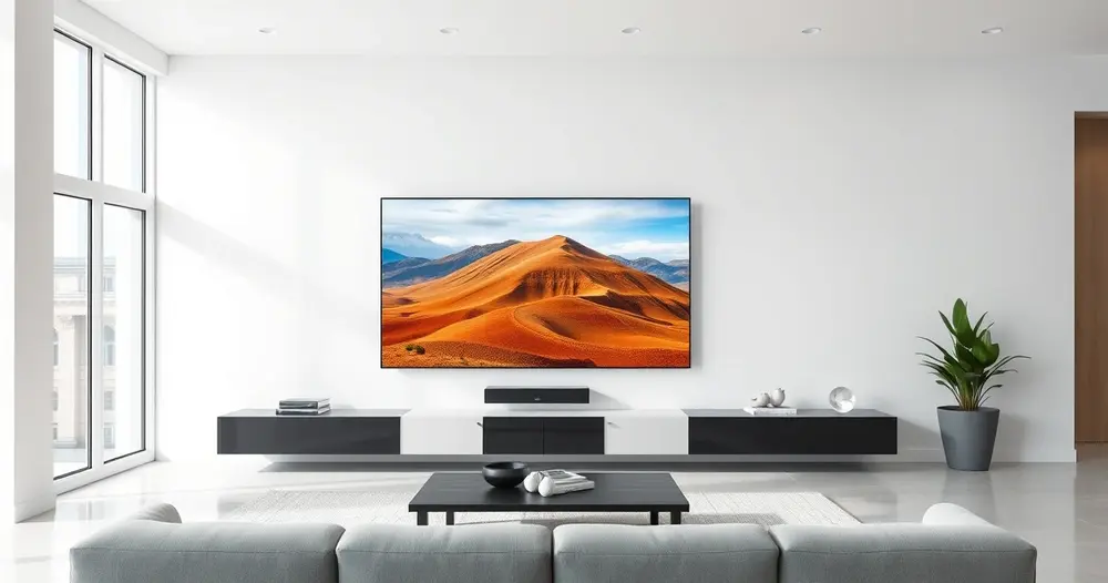 televisão grande em sala moderna exibindo imagem em alta definição